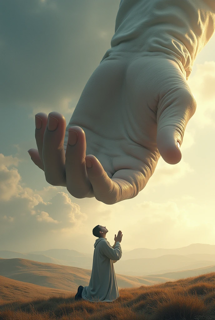 (photorealism:1.2), (4k) Giant hand falling from the sky and seeing a person praying