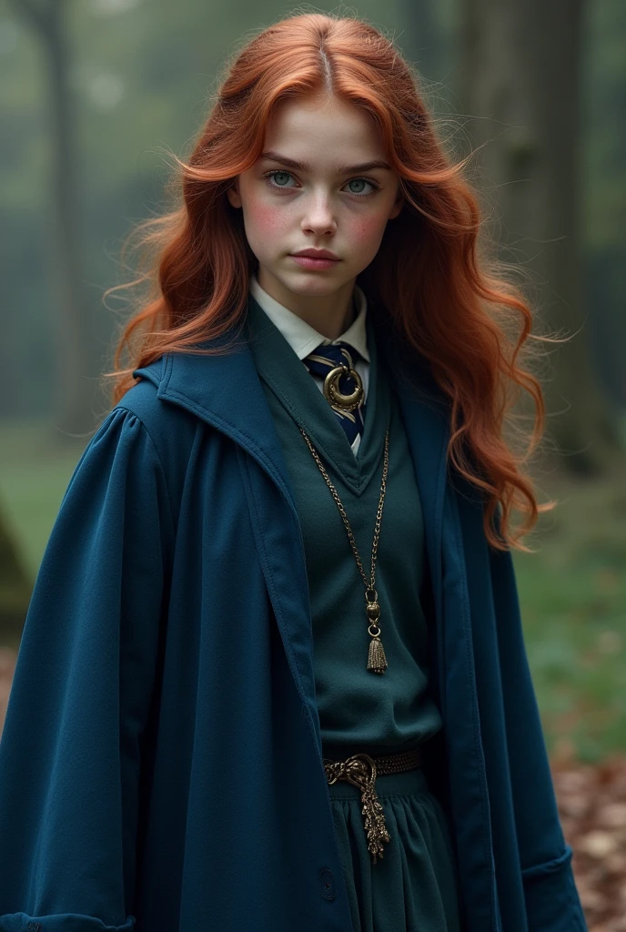 Create a character for a Harry Potter RPG that I participate in with the following characteristics: Hermione Granger inspired girl with medium length dark magenta reddish brown hair; with eyes that vary between green, gray and light brown; fair skin and blue Ravenclaw witch robes