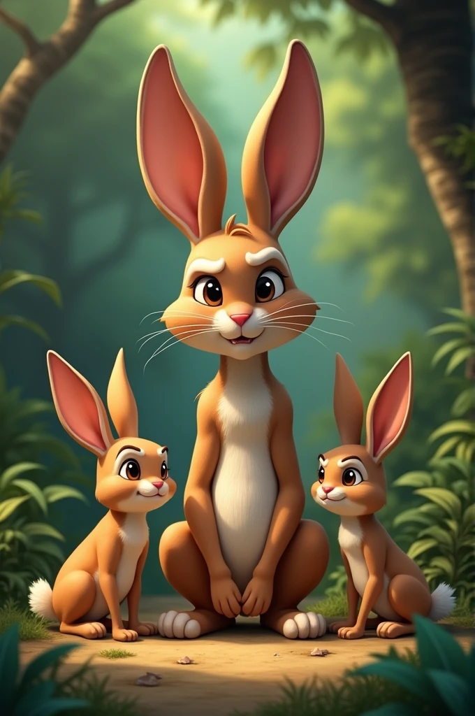 Phudko's Serious Expression** - "Phudko the rabbit with a serious expression, sitting quietly with his children, as if he’s planning to teach Chhoto the monkey a lesson."