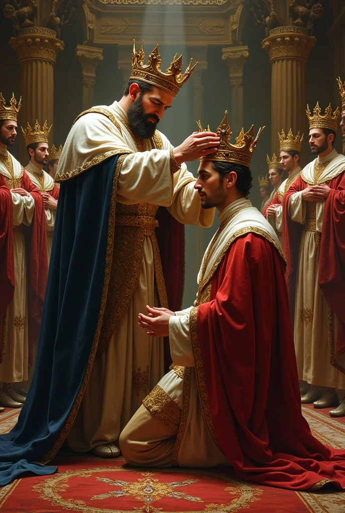 a man placing a crown on the head of another drawing 