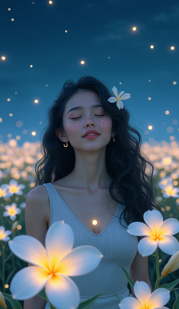 1girl, Solo, High Resolution, Masterpiece, Accurate, Best Quality, Award Winning, Long Hair, Black Hair, Curly Hair, Crescent Earrings, Closed Eyes, Light Smile, Tearing Up, POV, Multiple Views, Hair Flower, Sparkle, Bloom, Blending, standing in the middle of the white plumeria flied, night, fireflies,Feet Out Of Frame, far away, highlight plumeria field