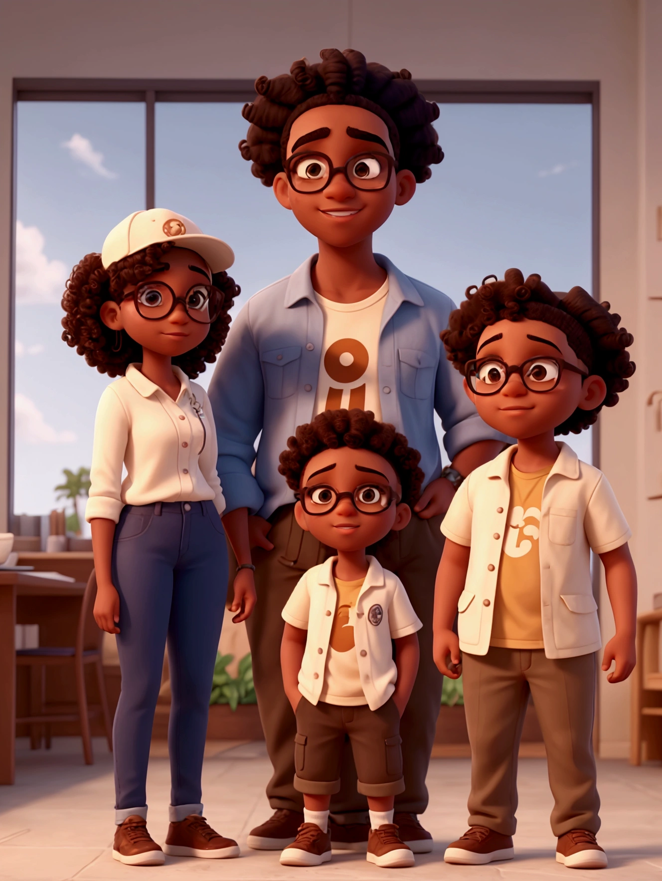 Generates a vertical image of a couple consisting of a white girl with light skin and curly hair with a dark-skinned, plus-sized boy with glasses and a cap.