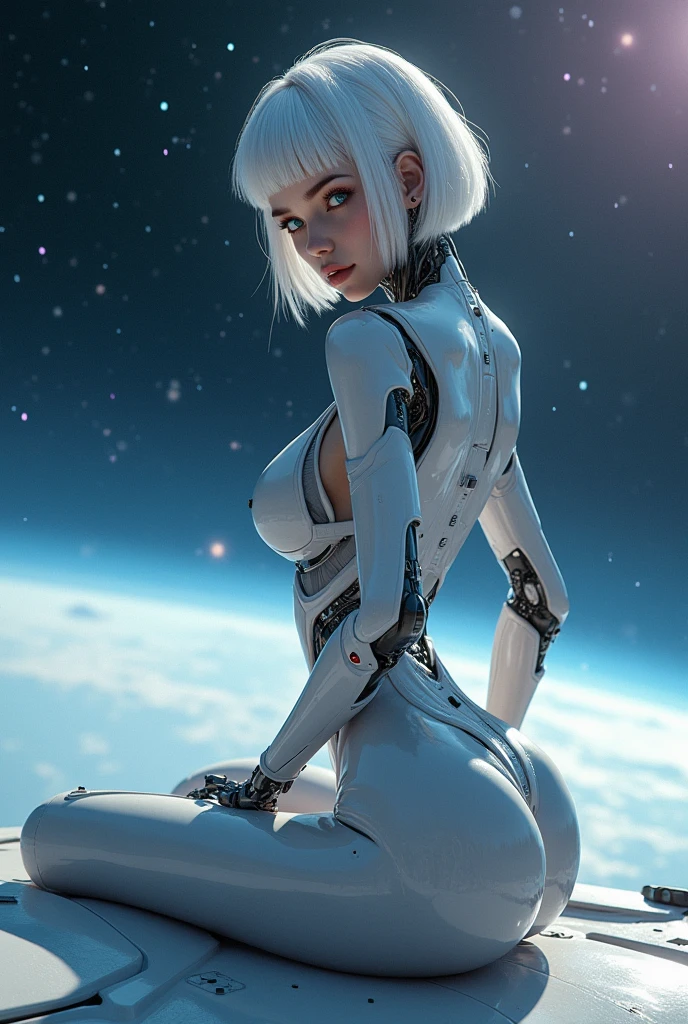Image in 85K high definition and realism selfie a beautiful robot woman blue eyes short white hair. Big breasts thin waist wide hips big butt on the surface of a ship in the background image of a distant galaxy and its stars