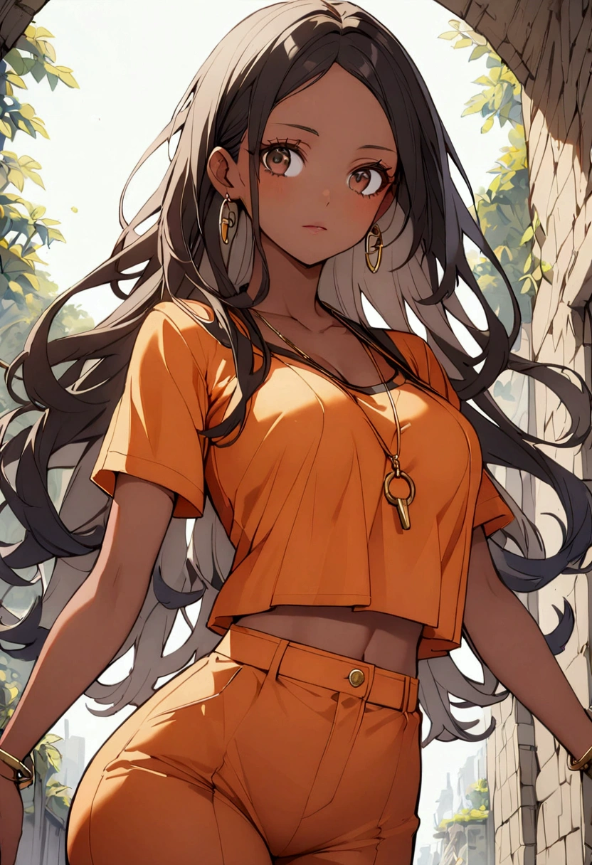 1girl, brown eyes, black hair with blue fade, blue strands in the hair, long hair, skinny waist, medium breasts, tan skin, young girl, brown skin, calm, mature, a gold necklace, wearing a prison outfit(an orange shirt with an orange pants), killer, 