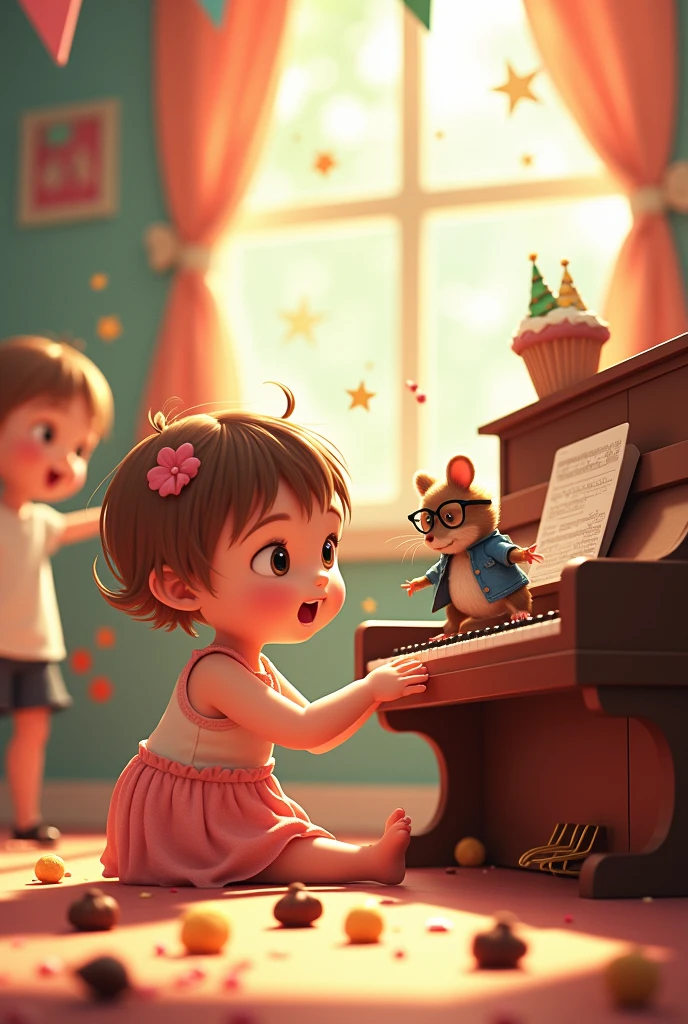 Many children Radiator on background wall, with party decoration, chocolate and nougat and anise balls Baby girl 1 month old with very short hair, small with light brown hair with a flower adorning one side of her hair, sitting next to a piano and playing with a beautiful, little mouse with glasses and jacket singing and dancing on the piano Party and birthday cake for "Allison" 

Many happy children singing and jumping around Animated colors Photography Anime, photo, illustration, typography, vibrant, Graffiti, portrait photographyLess