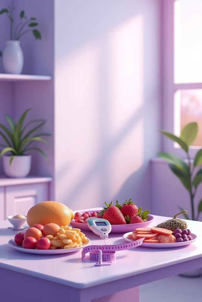 Today is nutritionist&#39;s day.  A beautiful image containing a table in the clinic with healthy food,  fat meter, measuring tape and a device that refers to exercises.  Use some shades of purple without exaggeration 