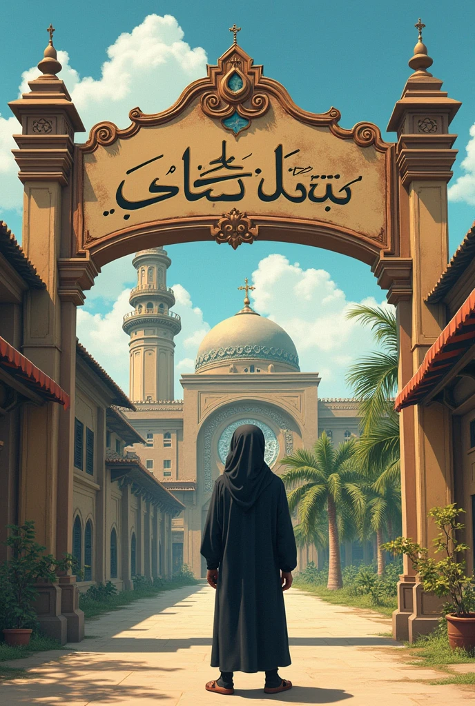 Make me a picture of a boarding school muslim And in front of the building there is a sign that says NURUL HUDA Under the writing NURUL HUDA there is a small writing namely Pamarican-ciamis