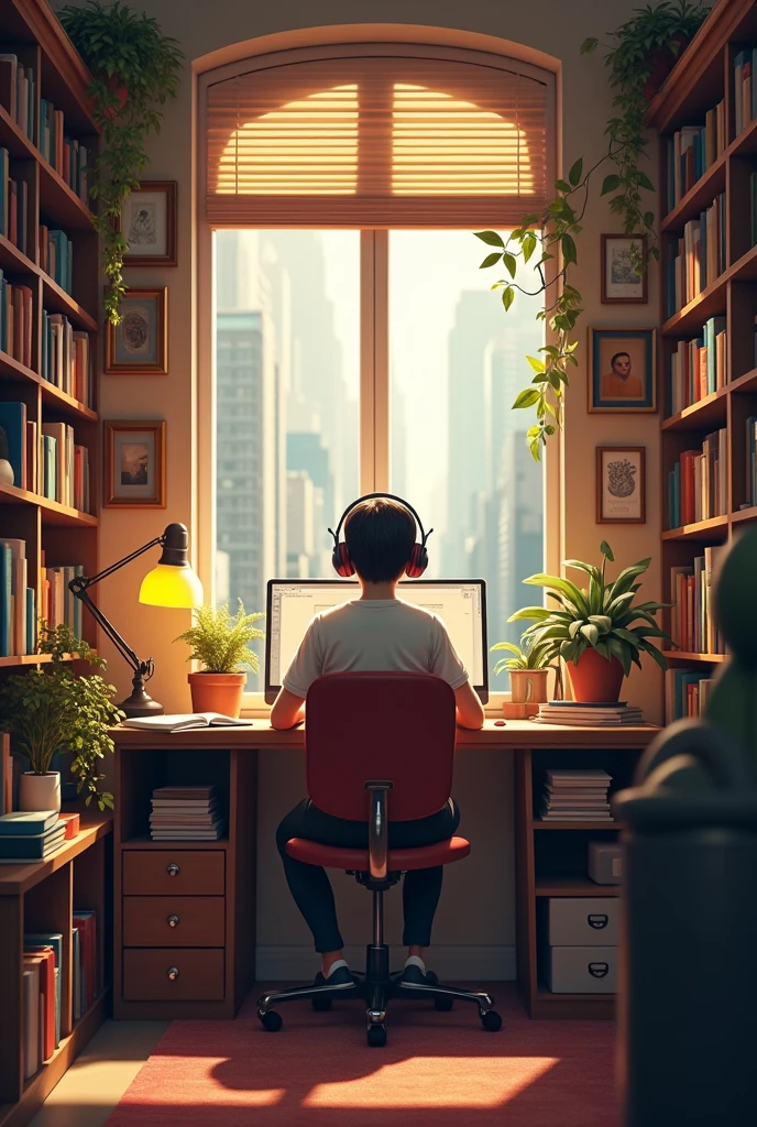 character siting at a desk with headphones on in a crazy room with warm lighting. The room should have elements such as books, decoration and a window showing either a citvscane  or nature.
The atmosphere should be calm and inviting suitable for studying or relaxing include soft shadows to enhance the warmth of the scang