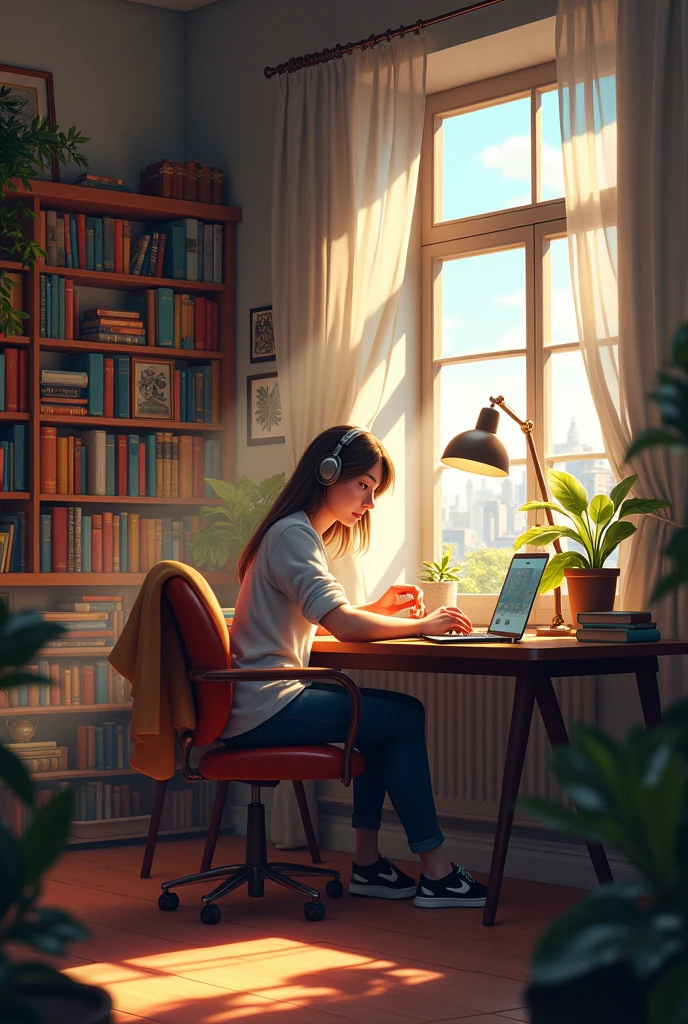 character siting at a desk with headphones on in a crazy room with warm lighting. The room should have elements such as books, decoration and a window showing either a citvscane or nature.
The atmosphere should be calm and inviting suitable for studying or relaxing include soft shadows to enhance the warmth of the scang