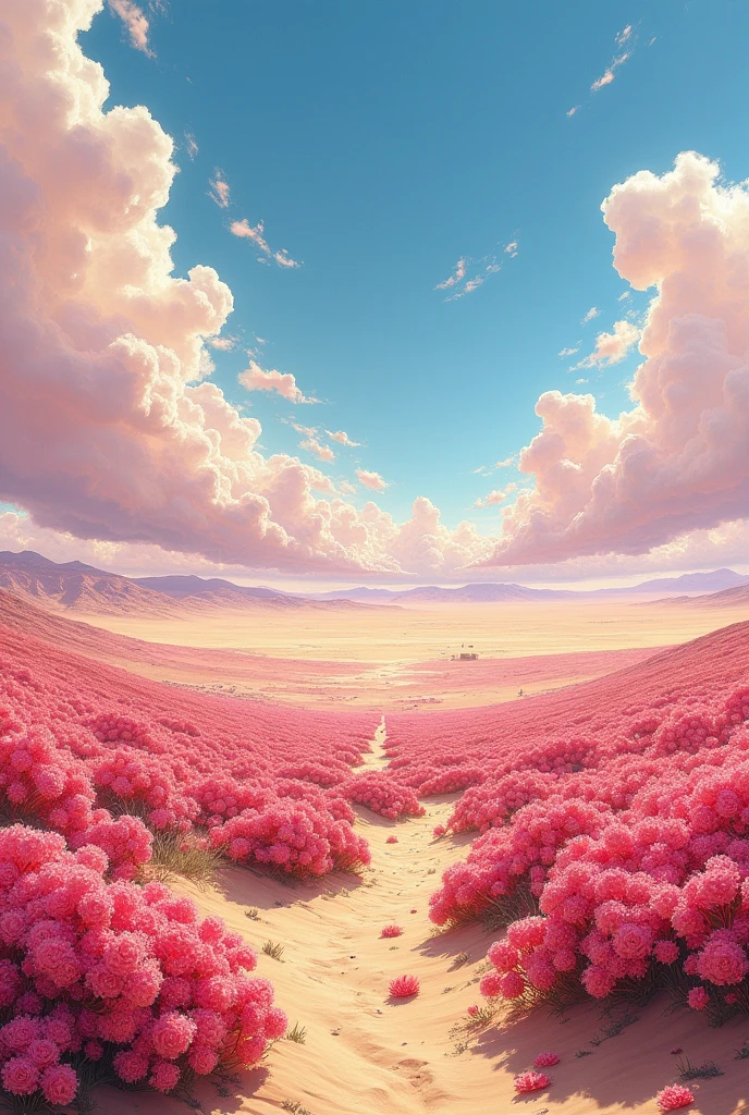 summer, desert, ((no home)), Pink clouds, land full of roses, James Gurney, Introducing Art Station, Ultra-wide lens, very accurate,sex
