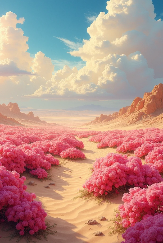 summer, desert, ((no home)), Pink clouds, land full of roses, James Gurney, Introducing Art Station, Ultra-wide lens, very accurate,sex