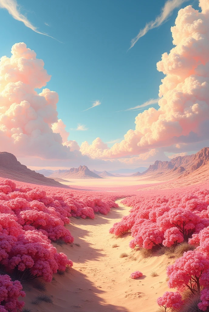summer, desert, ((no home)), Pink clouds, land full of roses, James Gurney, Introducing Art Station, Ultra-wide lens, very accurate,sex