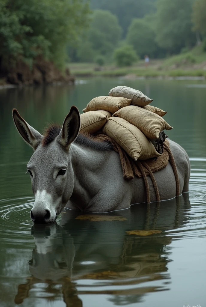 A donkey with many sacks on its back is lying in the water