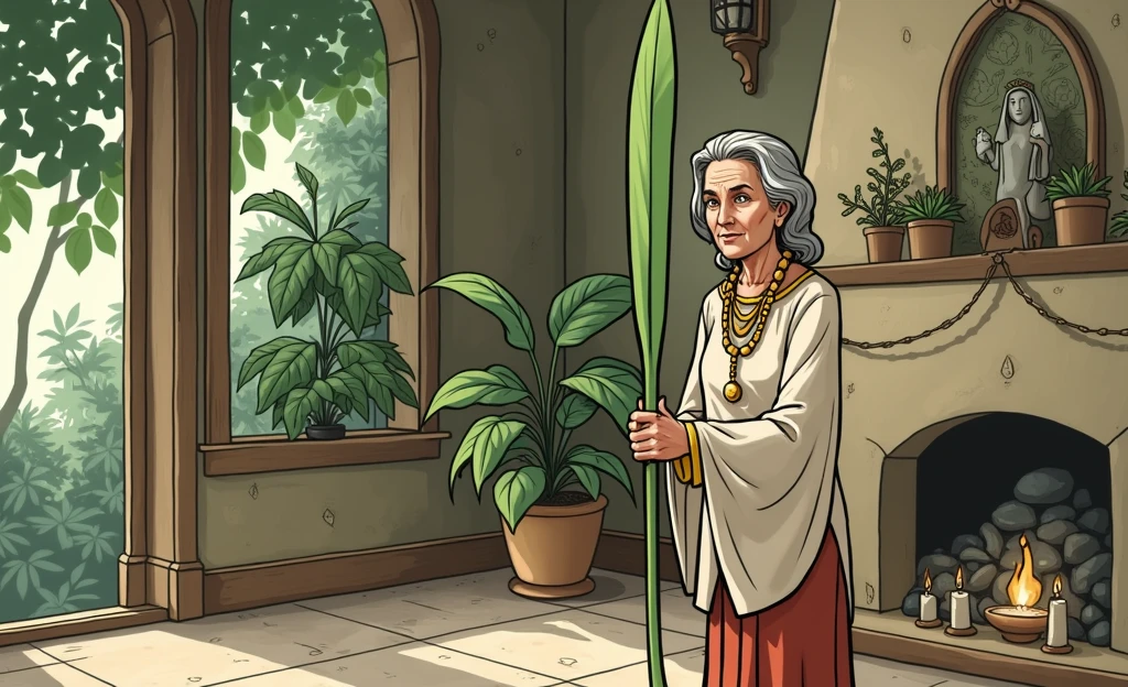 Create a detailed scene featuring an elderly Brazilian woman holding a 'Espada de São Jorge' (Saint George's Sword) plant. This plant is characterized by a single, long, and narrow leaf that resembles a sword or lance, rather than having multiple leaves. The leaf should be vibrant green, straight, and sharp-edged, extending from its base without any additional leaves or branches. The woman, dressed in traditional and simple clothing, holds the plant with both hands, as if it were an actual sword. She stands in a mystical, rustic setting—perhaps a garden at dusk or a dimly lit room filled with spiritual symbols like candles, statues, or other sacred objects. The overall atmosphere should be calm and reverent, emphasizing the plant's protective and spiritual significance in Brazilian culture. The lighting should be warm and gentle, casting soft shadows that add depth and a sense of sacredness to the scene.