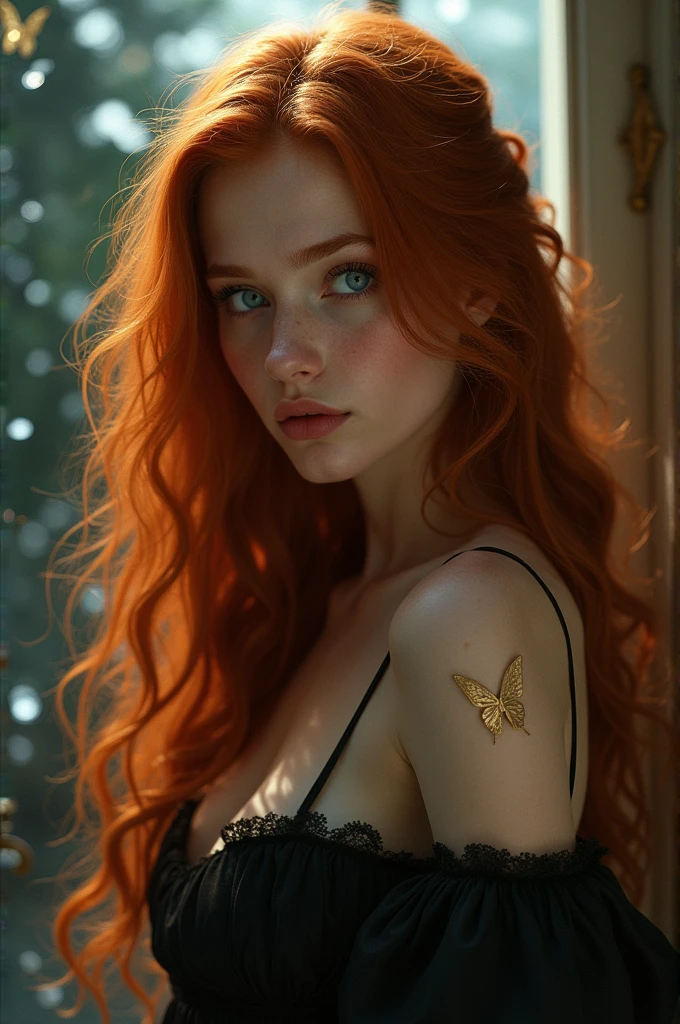 (solo, full body photo:1.3), (action packed:1.3), (haze, fog, mist:1.3), chiaroscuro, best quality, photorealistic, 1woman, (cute), (24yo:1.2), redhead, long ginger hair highly detailed, 1700'S, digital photography, art by artgerm and ruan jia and greg rutkowski surreal painting gold butterfly filigree, broken glass, (masterpiece, sidelighting, finely detailed Fashionable eyes: 1.2) (perfect oval large eyes that gazes at the viewer), beautiful detailed face, blue gorgeous perfect eyes, (blonde hair ponytail), (attractive young woman:1.3), (thick amazing hair), (seductive:1.1), (blushing:1.1)