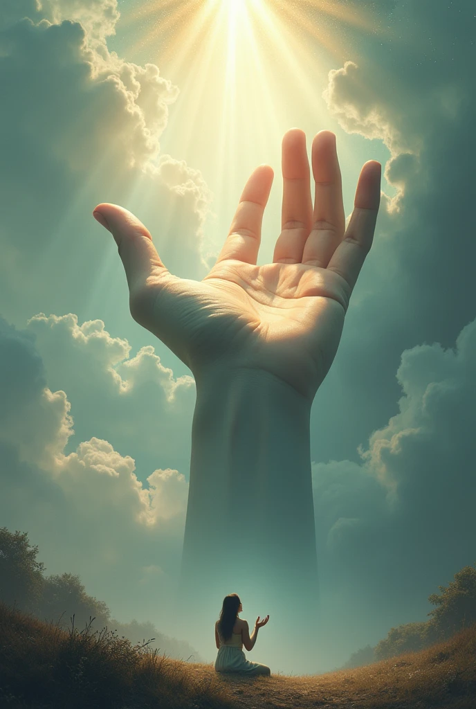 (photorealism:1.2), (4k) Giant heavenly hand falling from the sky and seeing a person praying