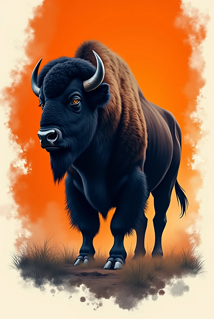 create the rebull art and replace the bull with the bison in black with an orange and white background