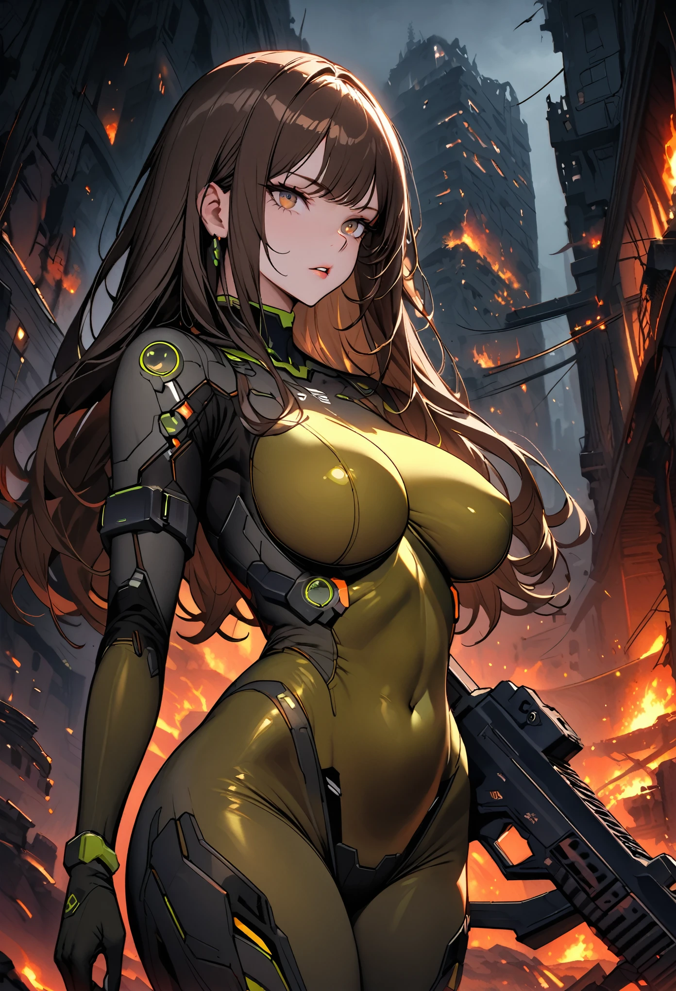 female, solo, long hair, dark hair, brown hair, curvaceous, large breasts, tiny waist, mssprd, head-mounted display, covered eyes, olive full bodysuit, indoors, science fiction, parted lips, thighs, standing, assault rifle, confident, slender, ruined city, night, dark, fire, broad shoulders, contrapposto