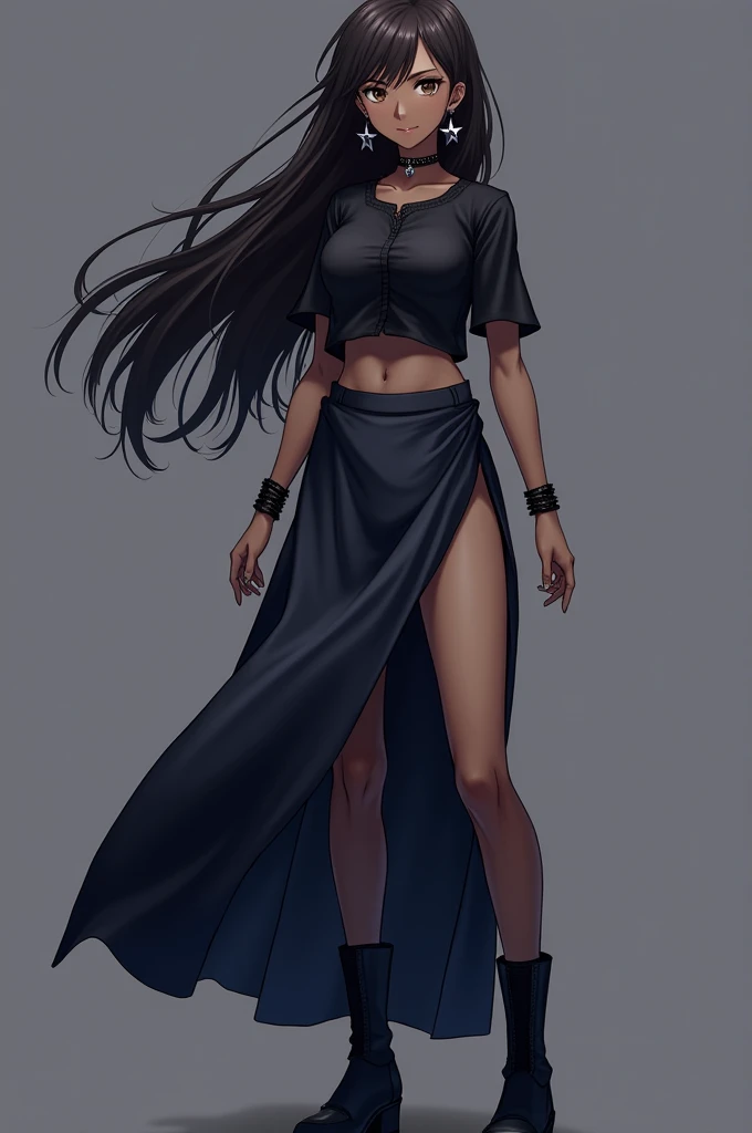 -Anime style -Somewhat dark-skinned girl, dark brown hair, dark eyes, tall
- Clothing: Short black shirt, long dark blue skirt, black boots,
- Accessories: Star earrings, black bracelets and