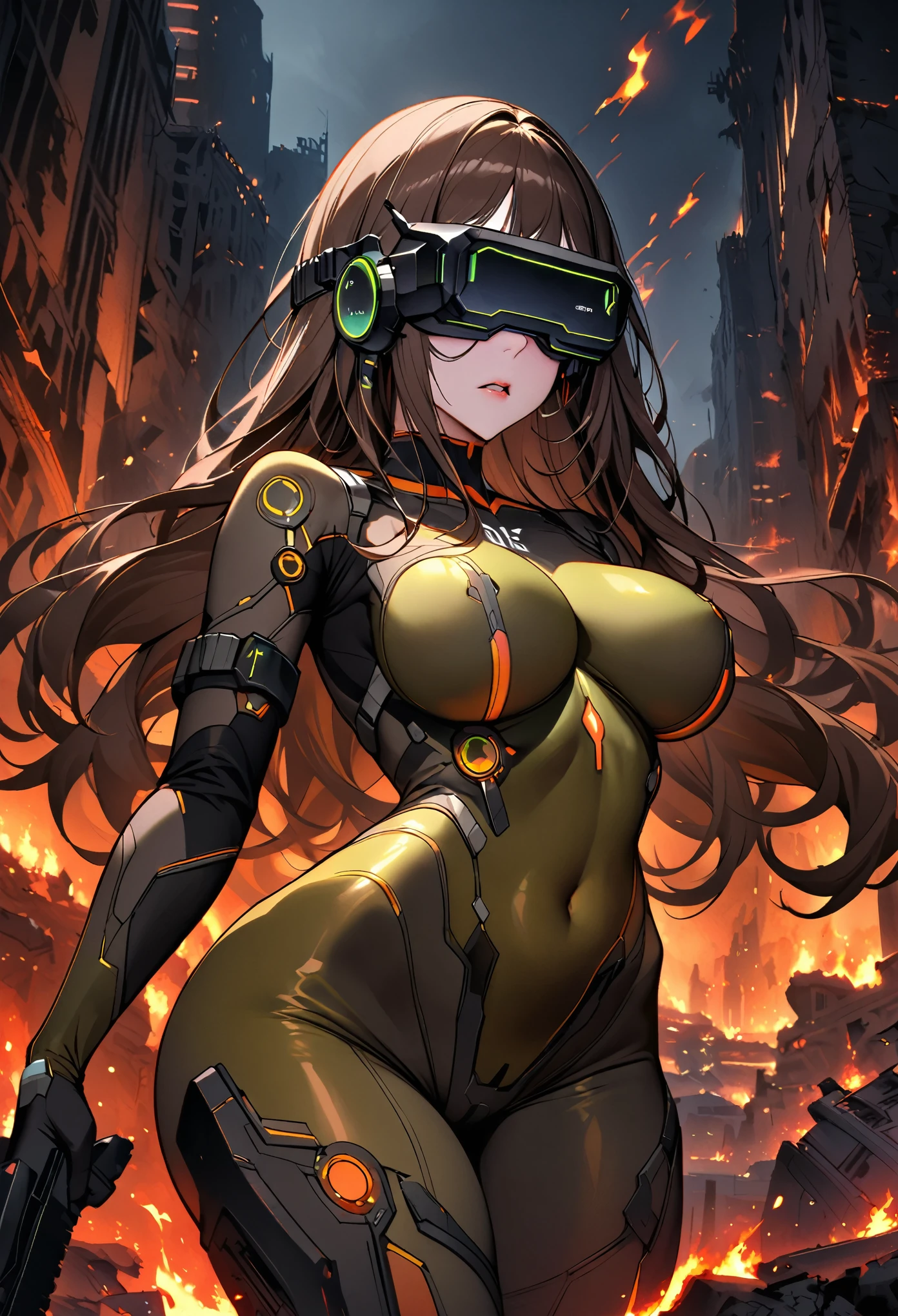 female, solo, long hair, head-mounted display, dark hair, brown hair, curvaceous, large breasts, tiny waist, mssprd, covered eyes, olive full bodysuit, indoors, science fiction, parted lips, thighs, standing, assault rifle, scared, slender, ruined city, night, dark, fire, broad shoulders, contrapposto