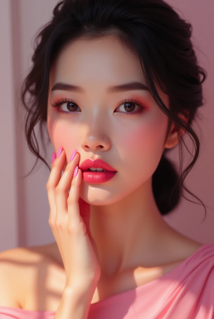 Asian woman use pink lipcream