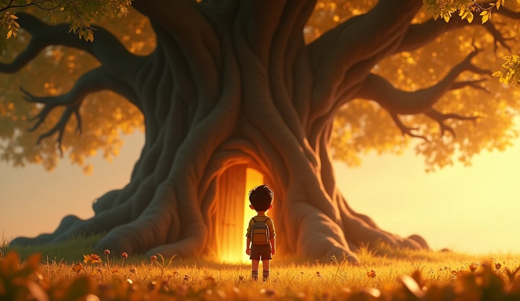 Boy image for YouTube video story in Pixar style, He is a little Alla Bester., He is the class leader., He is about to go out., Playful and curious about many things, short hair,Its branches shimmered with golden leaves, and at the base of the tree, there was a glowing, magical door.
