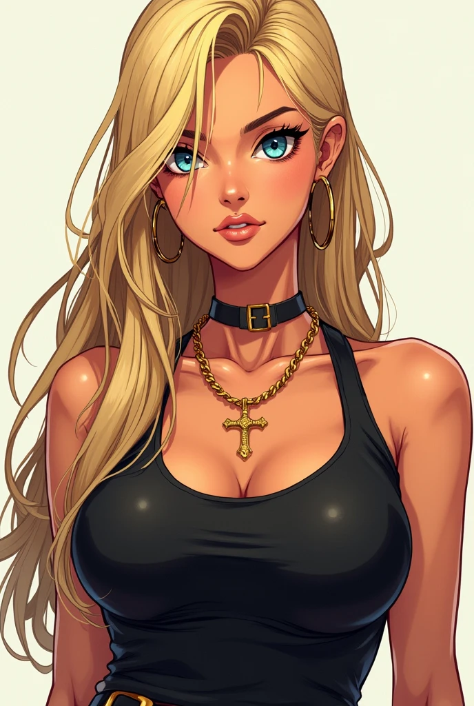 Manga character girl long straight blond hair with blue eyes quite tanned quite big chest black tank top gold Christian cross medium and thin gold hoop earrings eyeliner 