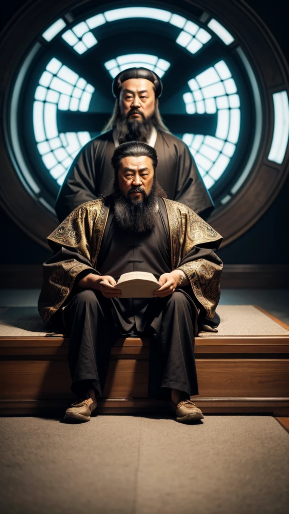 Confucius, is sitting. The face and body are clearly visible, you can see all the details, everything is clear and proportional,  he teaches, futuristic chinese style background , light and bright tones 