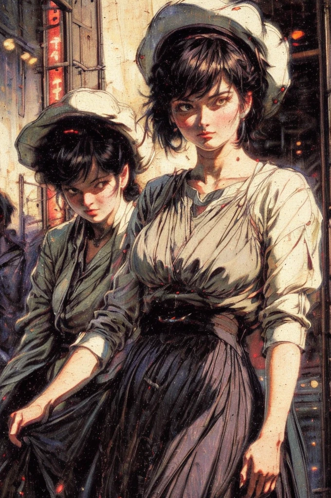A mature woman in realistic oil painting portrait of high quality and detail, waist, retro 80's style, mature face, 4, She has long black hair with short bangs, black eyes, pale skin, asian girl, She is wearing a white blouse, a short black cut-out skirt, black shoes, a black raincoat and a wide-brimmed black hat, medium breast, curvy, milf, blushing red face, mole on her face, dramatic look, glow, eye shadow, 1girl, Depth & Perspective, melancholic face, fine face, She's standing in the japanese street, outdoors, neon lights on background, looking at viewer, (ultra-high detail:1.2), Masterpiece, Best Quality, Ultra-detailed, Cinematic lighting, 8K, delicate features, cinematic, 35 mm lens, f/1.9, highlight lighting, global lighting –uplight –v 4, cinematic, Cinematic lighting, 8K, high quality, Highest Quality, (Solo Focus), (extremly intricate:1.3), (Realistic), masterful, Analog style, (Film grain:1.5), (cold tone),