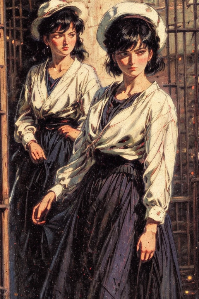 A mature woman in realistic oil painting portrait of high quality and detail, waist, retro 80's style, mature face, 4, She has long black hair with short bangs, black eyes, pale skin, asian girl, She is wearing a white blouse, a short black cut-out skirt, black shoes, a black raincoat and a wide-brimmed black hat, medium breast, curvy, milf, blushing red face, mole on her face, dramatic look, glow, eye shadow, 1girl, Depth & Perspective, melancholic face, fine face, She's standing in the japanese street, outdoors, neon lights on background, looking at viewer, (ultra-high detail:1.2), Masterpiece, Best Quality, Ultra-detailed, Cinematic lighting, 8K, delicate features, cinematic, 35 mm lens, f/1.9, highlight lighting, global lighting –uplight –v 4, cinematic, Cinematic lighting, 8K, high quality, Highest Quality, (Solo Focus), (extremly intricate:1.3), (Realistic), masterful, Analog style, (Film grain:1.5), (cold tone),