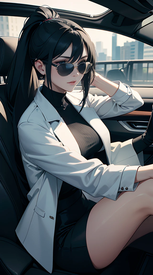 In the picture, Aria sits behind the wheel of a sleek car, the interior bathed in the soft glow of the dashboard lights. Her hands grip the steering wheel with relaxed confidence, showcasing nails painted in a subtle, cool hue that complements her overall look. The dark leather of the car's seats mirrors the black leather jacket she wears, blending her seamlessly with the sophisticated interior.
Her dark blue hair, styled in a long, half-up, half-down fashion, flows effortlessly over her shoulders as she leans slightly back in the driver's seat. The top section of her hair is pulled into a high ponytail, while the rest cascades down her back, catching the light in soft waves. Perched atop her head are her signature reflective shades, adding an extra layer of cool to the scene.
The dashboard reflects off the shades, hinting at the modern technology within the car. Her expression is calm and composed, with a hint of a smirk playing on her lips, as if she’s completely in her element. The interior of the car, with its sleek design and smooth surfaces, perfectly complements Aria’s effortlessly stylish appearance, creating a snapshot of cool confidence as she drives with effortless ease.