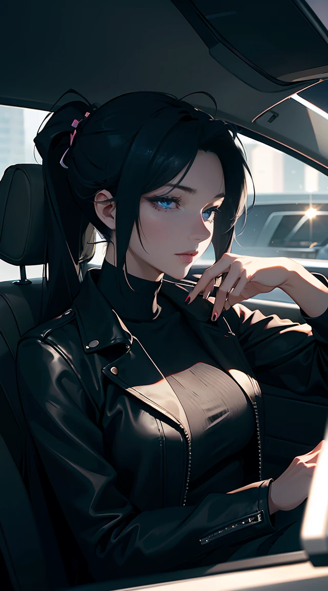 In the picture, Aria sits behind the wheel of a sleek car, the interior bathed in the soft glow of the dashboard lights. Her hands grip the steering wheel with relaxed confidence, showcasing nails painted in a subtle, cool hue that complements her overall look. The dark leather of the car's seats mirrors the black leather jacket she wears, blending her seamlessly with the sophisticated interior.

Her dark blue hair, styled in a long, half-up, half-down fashion, flows effortlessly over her shoulders as she leans slightly back in the driver's seat. The top section of her hair is pulled into a high ponytail, while the rest cascades down her back, catching the light in soft waves. Perched atop her head are her signature reflective shades, adding an extra layer of cool to the scene.

The dashboard reflects off the shades, hinting at the modern technology within the car. Her expression is calm and composed, with a hint of a smirk playing on her lips, as if she’s completely in her element. The interior of the car, with its sleek design and smooth surfaces, perfectly complements Aria’s effortlessly stylish appearance, creating a snapshot of cool confidence as she drives with effortless ease.