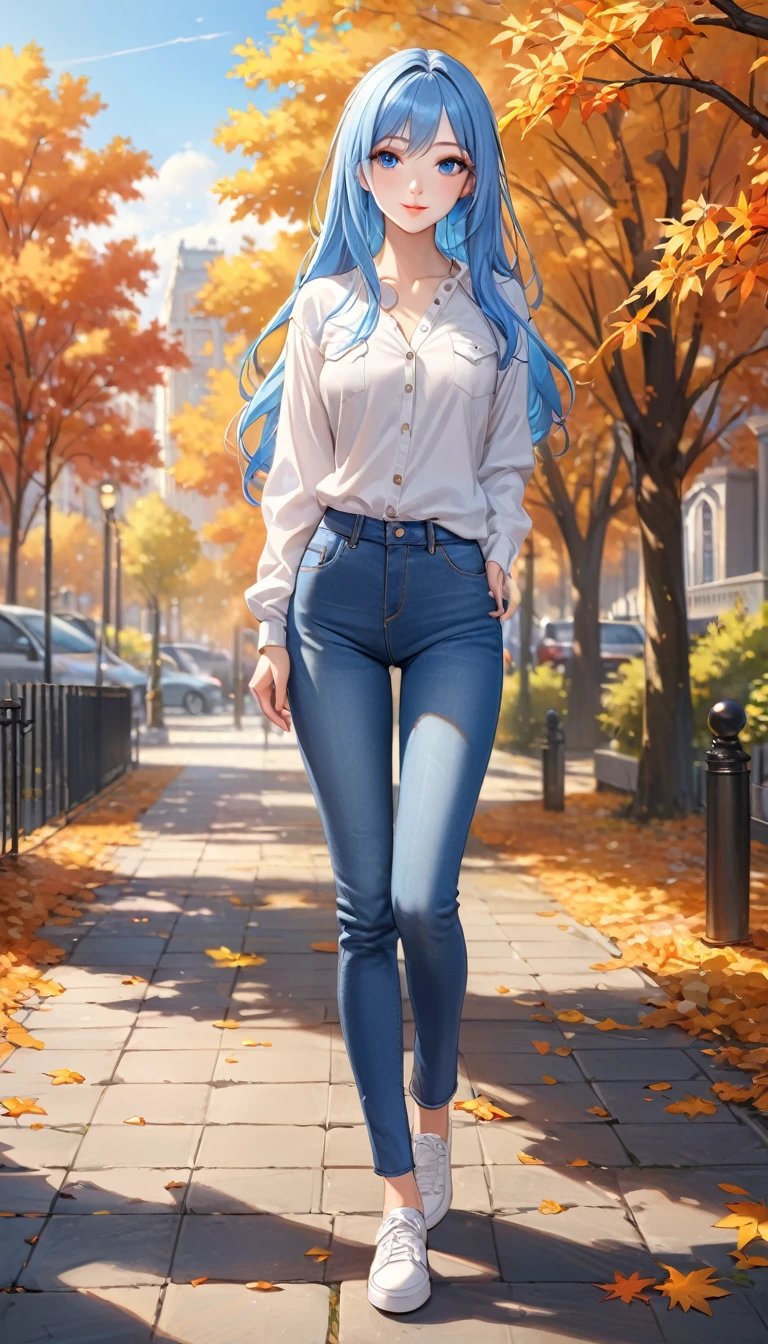 ((best quality, masterpiece:1.3, 8K)), (detailed), highly detailed face and skin texture, detailed eyes, full body, outdoor, daytime, autumn, (slender body:1.1), 1girl, (solo), white skin, bright lips, seductive smile, long hair, bright colour hair, casual outfit, medium breast, (jeans pants:1.2, blue jeans:1.2),