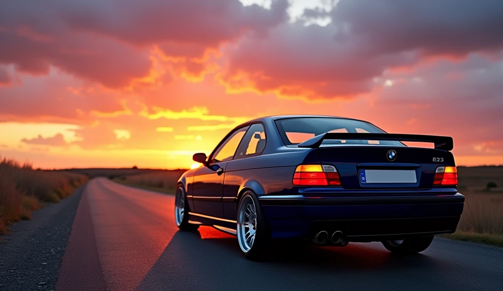 Photograph of the right rear side of a BMW M3 e36 from the rear with a sunset in the background