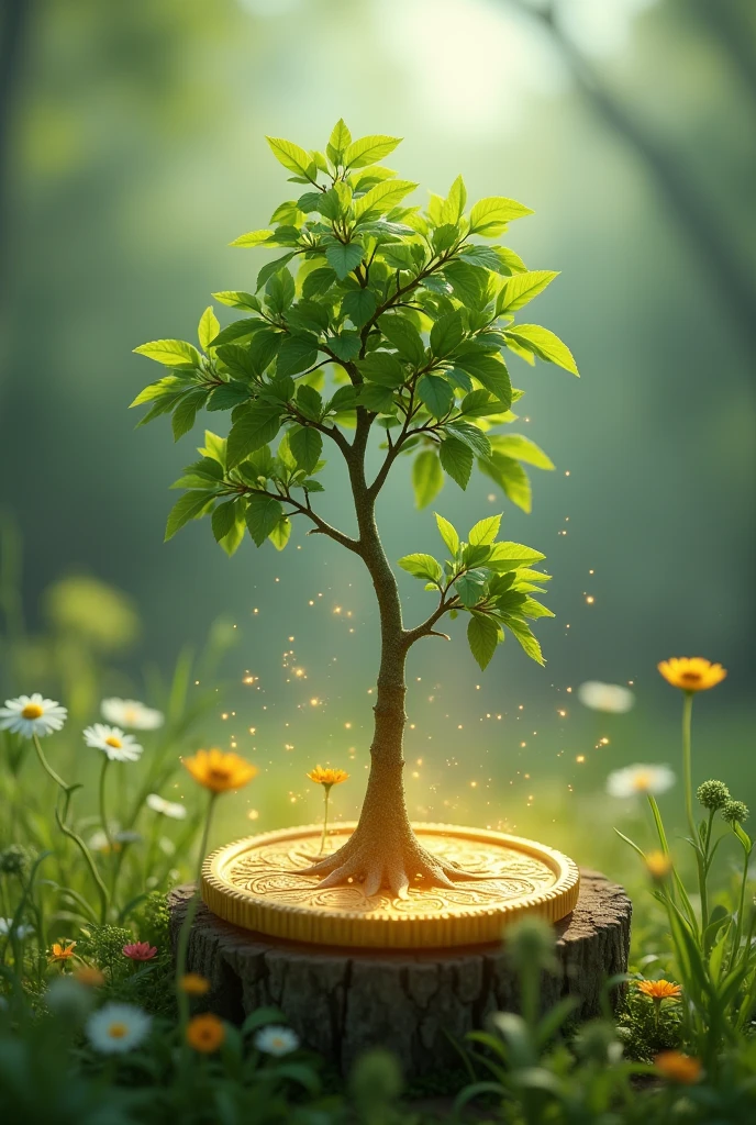 A tree growing from a small coin plant.