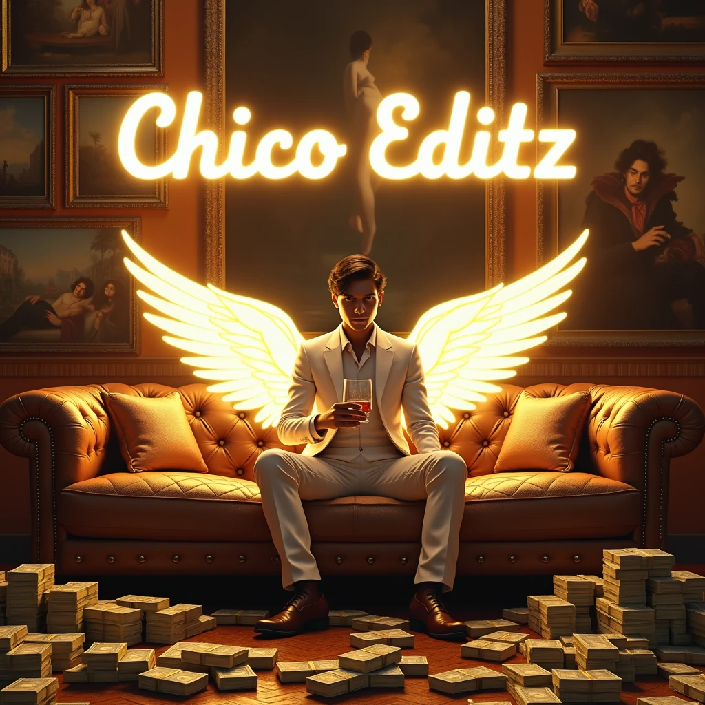 Create a realistic image where a 20 years old boy sitting on a sofa with glowing wings, there are many cash and gold on sofa with guns. At wall there are many luxury paintings and one big painting in middle. Character is Wearing a white mafia luxury suit with whisky 🥃 glass . In background "CHICO EDITZ" is written with neon and bold glowing effects which is just above the sofa