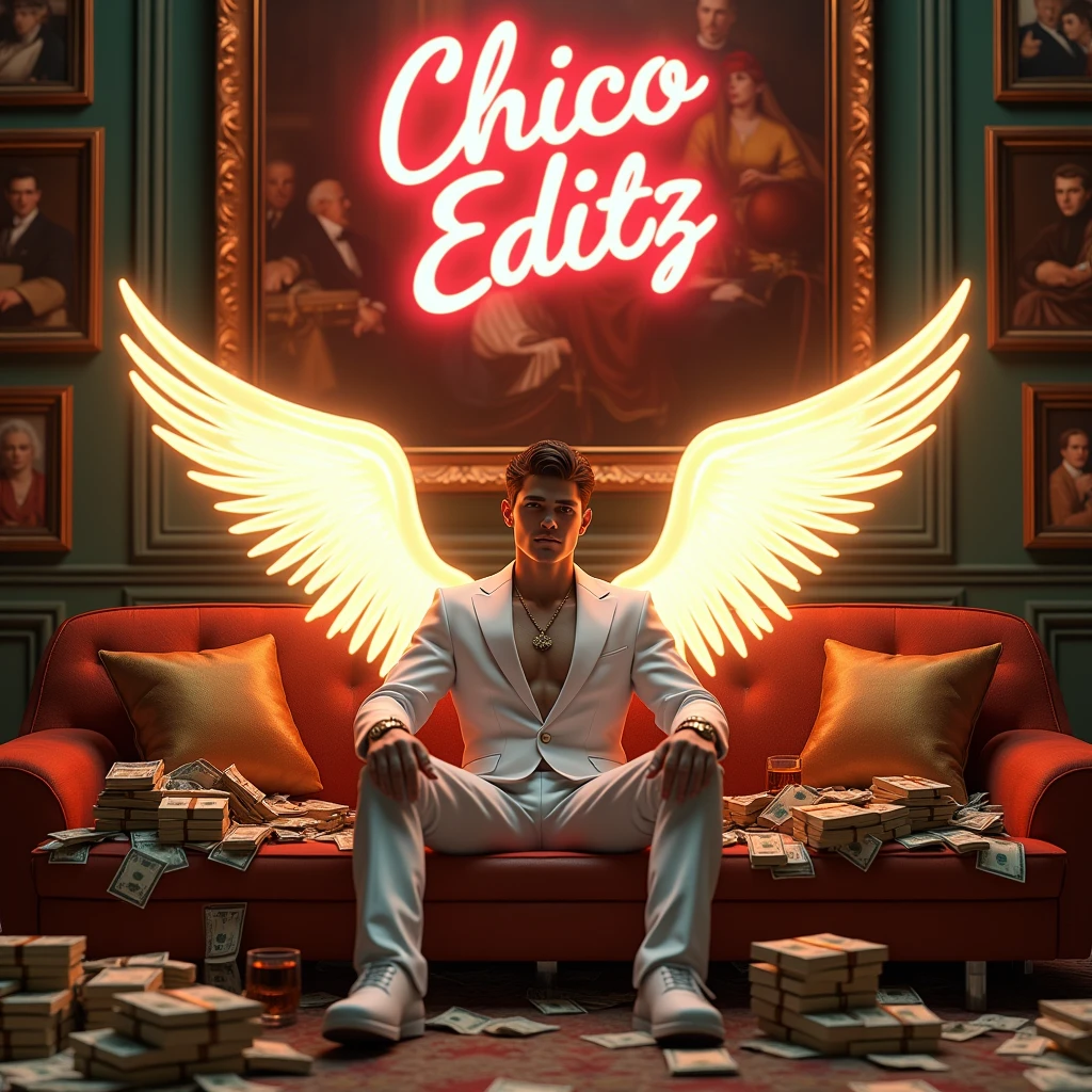 Create a realistic image where a 20 years old boy sitting on a sofa with glowing wings, there are many cash and gold on sofa with guns. At wall there are many luxury paintings and one big painting in middle. Character is Wearing a white mafia luxury suit with whisky 🥃 glass . In background "CHICO EDITZ" is written with neon and bold glowing effects which is just above the sofa