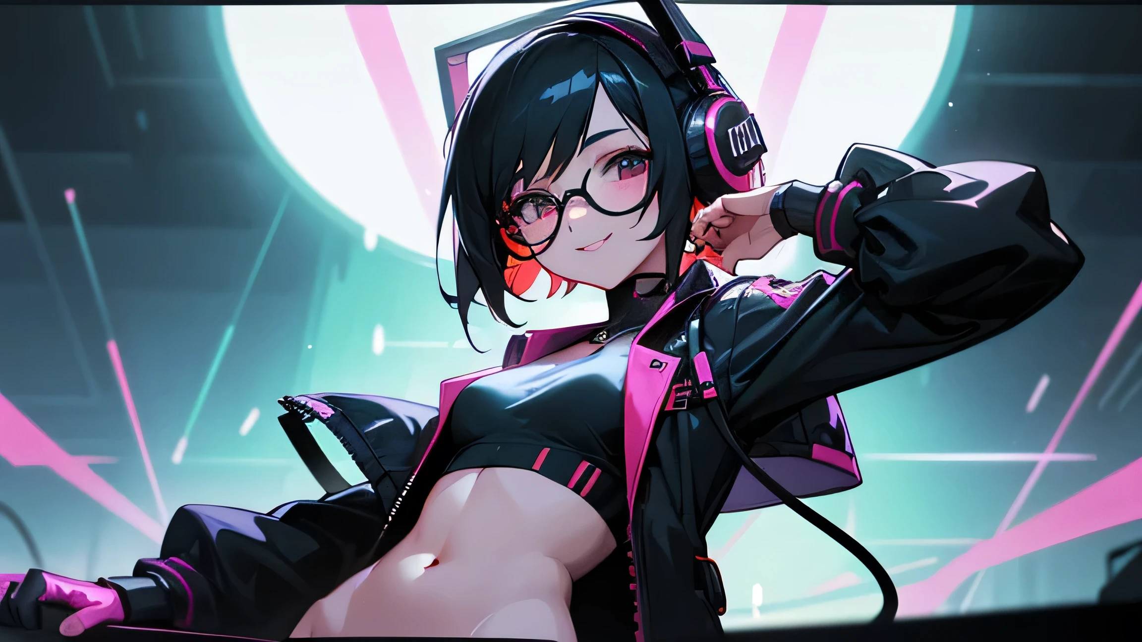 cyber punk,Music Clubs, Nightclub, One person,Female DJ,Early 20s,Black-rimmed round glasses,Black short hair,Headphones,smile,Red rubber jacket,She has big breasts, Vibrant appearance, Playful accessories,Functional, Sharp Eyes,Open chest,Belly button,Charm