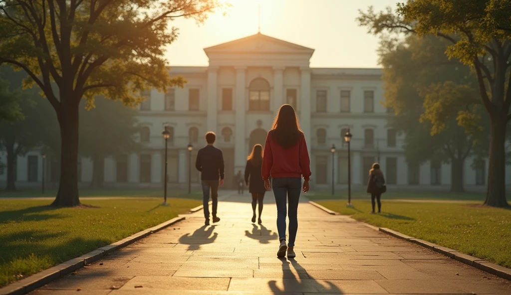 Scene 6: The University Grounds - Day (The scene cuts to the next morning. The sun is shining, and students are going about their day as usual. Maya is found unconscious outside the abandoned building by her friend, Mei, who had been looking for her all night.) maya seed is 1342503350, wearing red shirt jacket with blue jean. maya is young beautiful university girl. mei is maya friend chinese young university girl.
