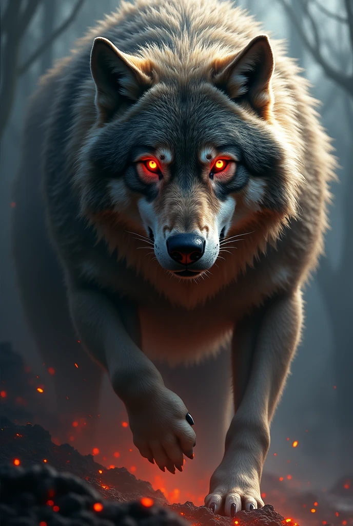 i need a picture of a roaring wolf with red fire coming out of his very big majestic red eyes