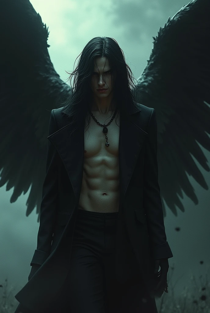a male fallen angel,Very handsome evil face,long black hair,View from bottom to top,The momentum of dominating the world,myth,legend,flight,Thin and muscular figure,whole body,High resolution,Super sharp,8k,masterpiece