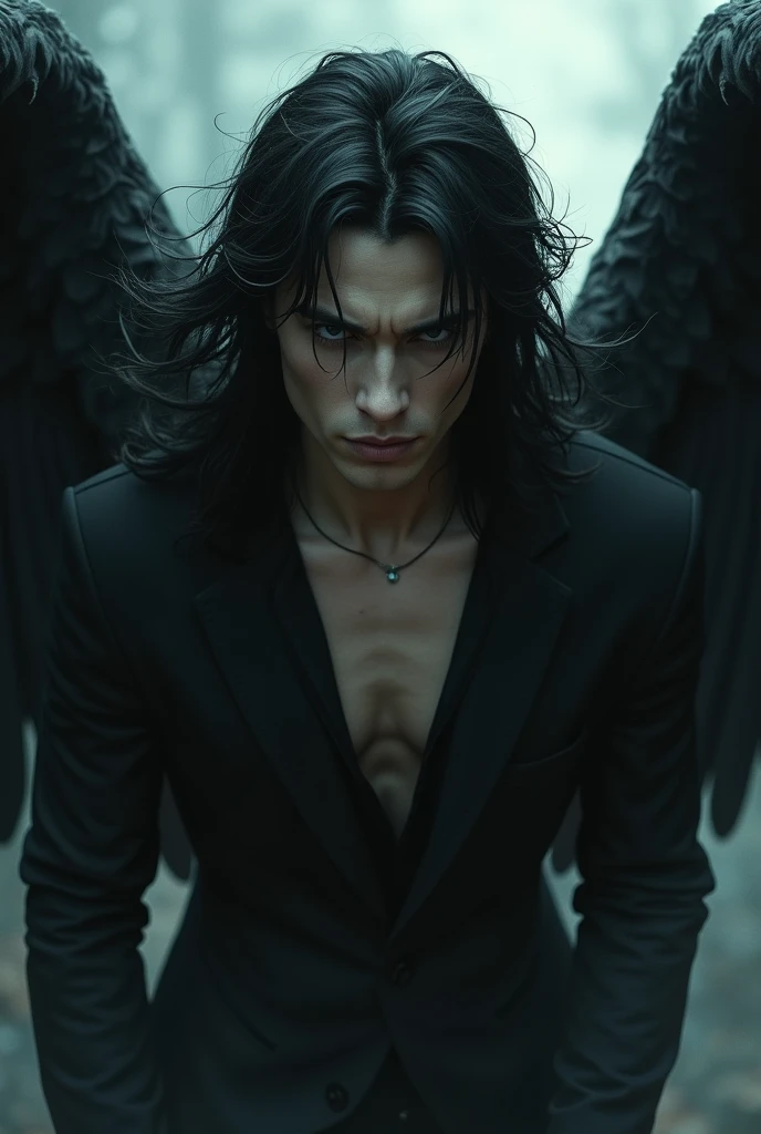 a male fallen angel,Very handsome evil face,long black hair,View from bottom to top,The momentum of dominating the world,myth,legend,flight,Thin and muscular figure,whole body,High resolution,Super sharp,8k,masterpiece