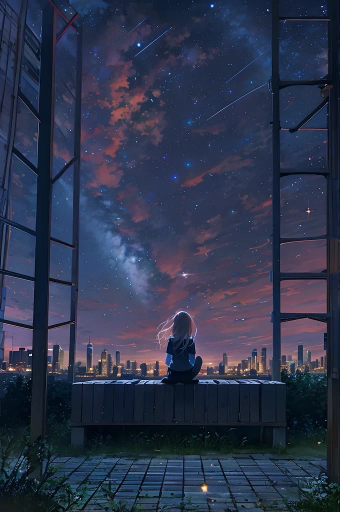 octans, sky, star (sky), scenery, starry sky, night, 1girl, night sky, solo, outdoors, building, cloud, milky way, sitting, tree, long hair, city, silhouette, cityscape