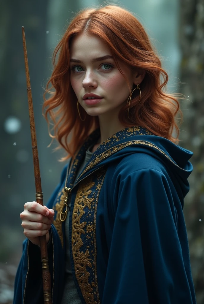 Create a character for a Harry Potter RPG that I participate in with the following characteristics: Hermione Granger-inspired with medium-length dark reddish-brown hair; with eyes that vary between green, gray and light brown; fair skin and blue Ravenclaw witch robes