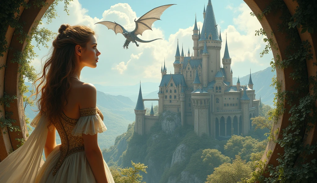 fantasy art, RPG art, a portrait picture of a (beautiful elf princess: 1.2) looking through her window at a magical castle and  flying dragon, a beautiful elven princess looking through her window to see a magical castle, an impressive best detailed castle, with towers, bridges, a moat, standing on top of a mountain and a flying dragon near the castle