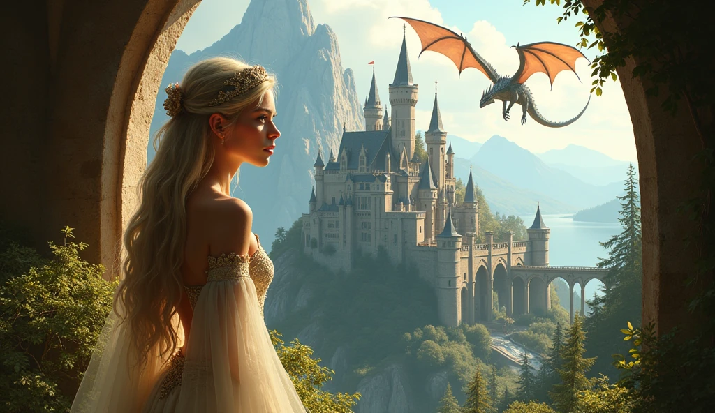 fantasy art, RPG art, a portrait picture of a (beautiful elf princess: 1.2) looking through her window at a magical castle and  flying dragon, a beautiful elven princess looking through her window to see a magical castle, an impressive best detailed castle, with towers, bridges, a moat, standing on top of a mountain and a flying dragon near the castle