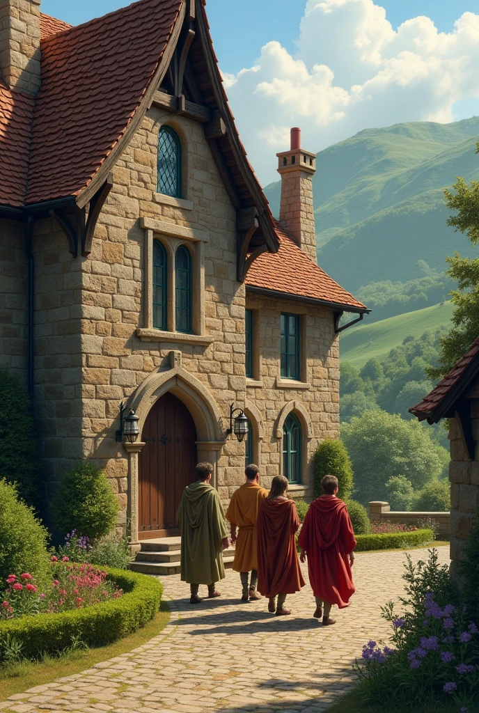 An image of some friends arriving at a medieval house
