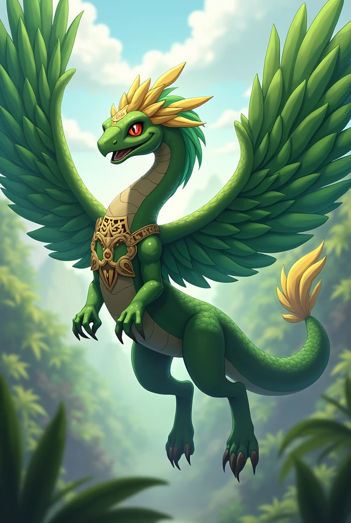 an animal with pokemon style, snake with feathers in its skin, with tribu decoration, god vibes, green, in a tribu, angry, with gold in the head, a necklace or feathers in its neck, with wings with green and red, skinny, a snake that flies, more angry, big, enormous, flying, a snake, not a dragon






