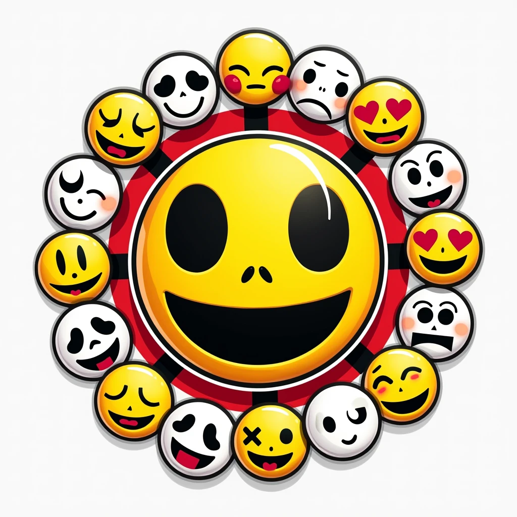 ZUEIRA STORY Logo, with several emojis around with the black white yellow and red theme