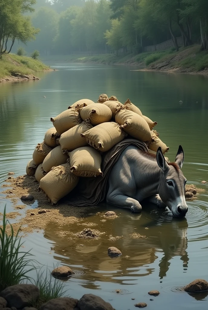 A donkey with many sacks on its back is lying in the water The sacks fell open 